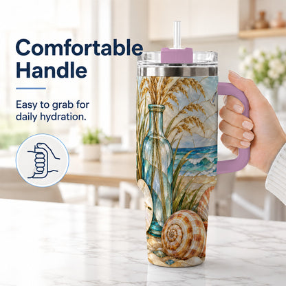 #pl[40oz|Pink] Coastal Shell 40oz Tumbler with Handle, Beach Stainless Steel Cup