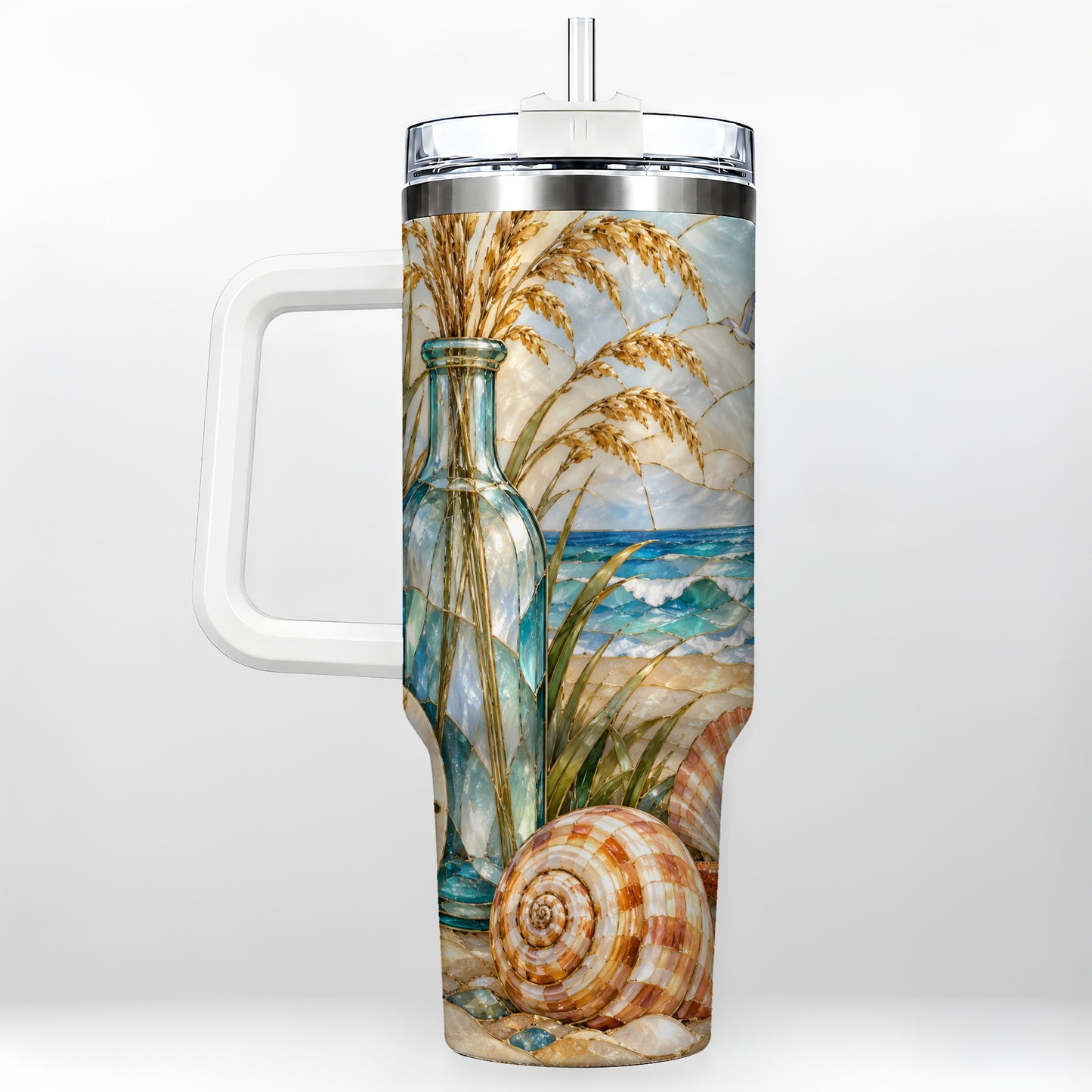 Coastal Shell 40oz Tumbler with Handle, Beach Stainless Steel Cup