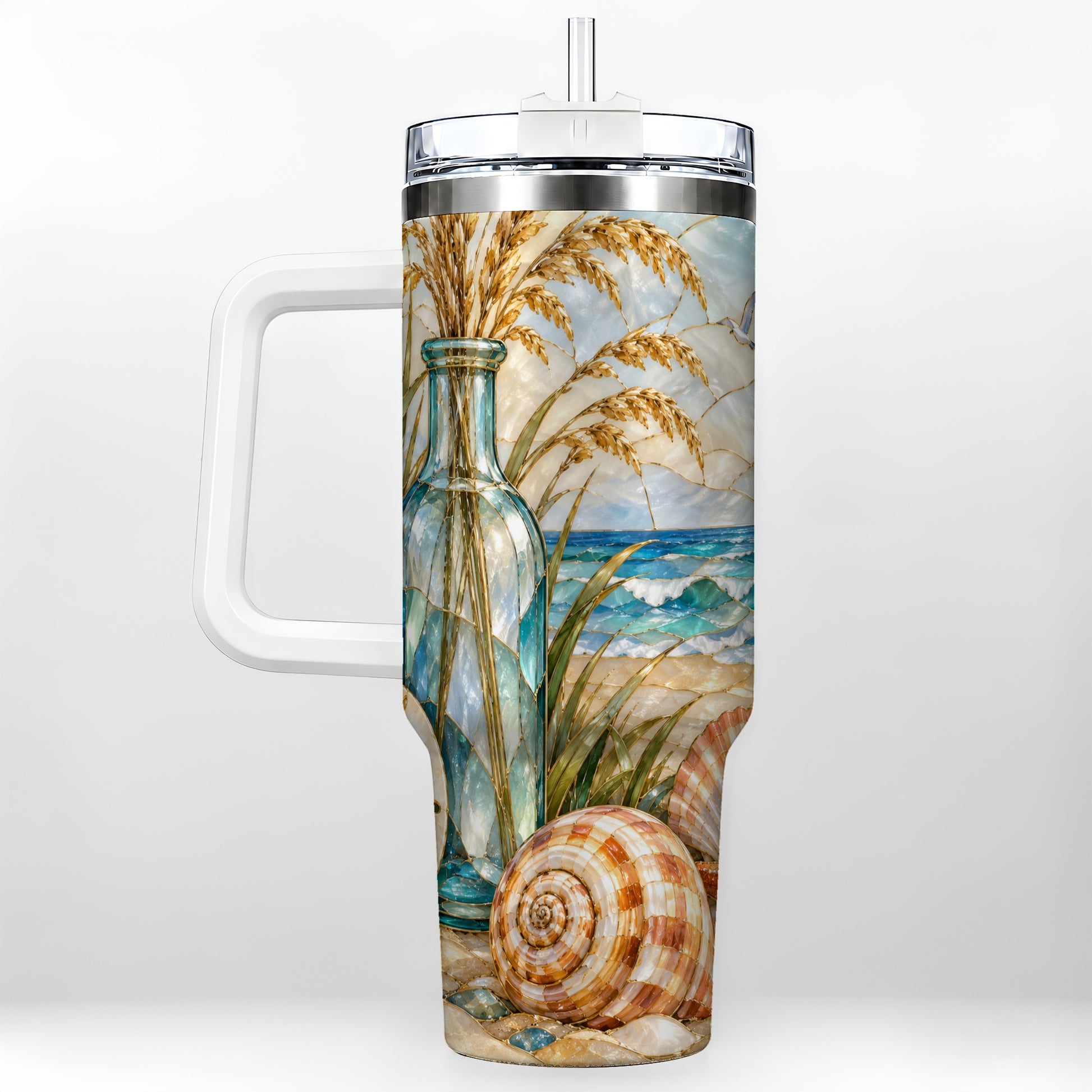 Coastal Shell 40oz Tumbler with Handle, Beach Stainless Steel Cup