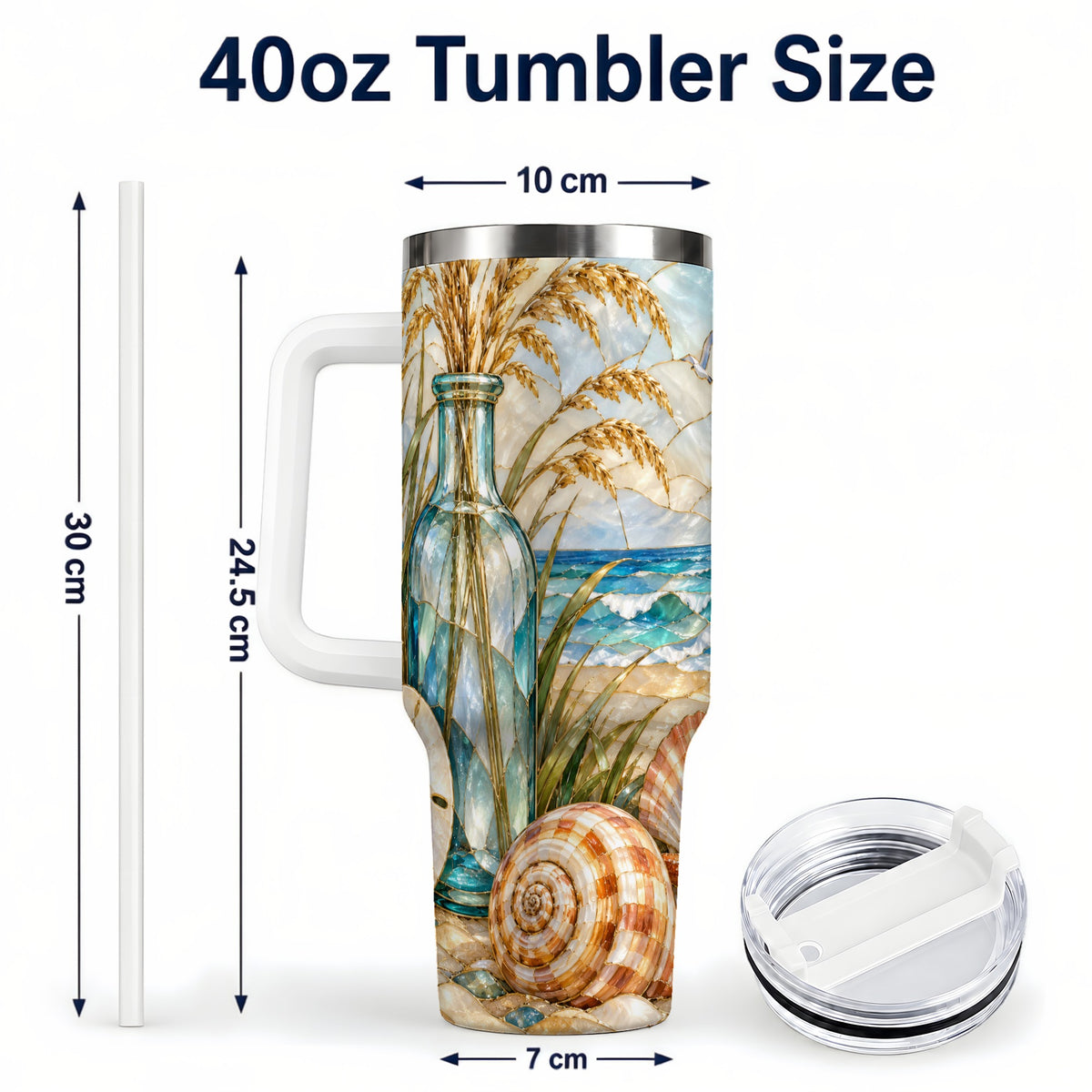 #pl[40oz|White] Coastal Shell 40oz Tumbler with Handle, Beach Stainless Steel Cup