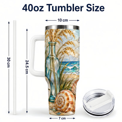 #pl[40oz|White] Coastal Shell 40oz Tumbler with Handle, Beach Stainless Steel Cup