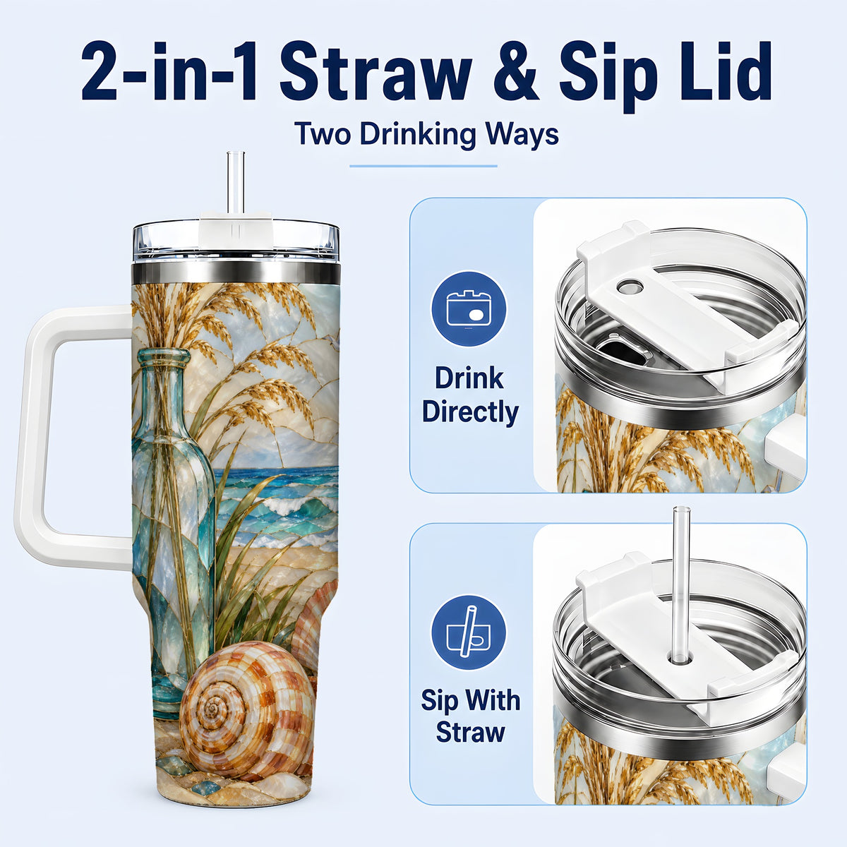 #pl[40oz|White] Coastal Shell 40oz Tumbler with Handle, Beach Stainless Steel Cup