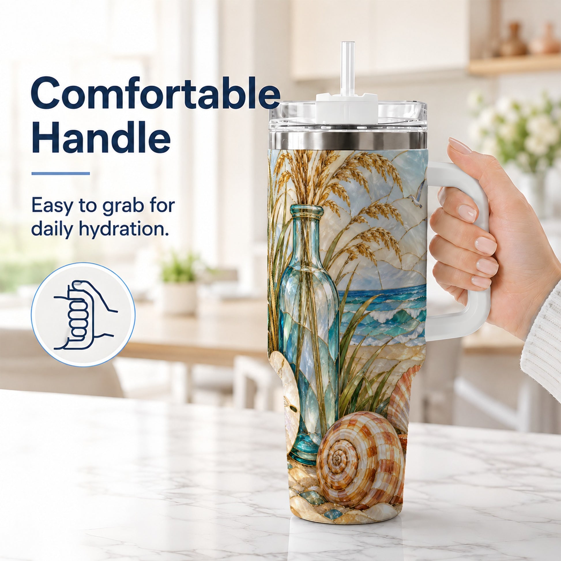 #pl[40oz|White] Coastal Shell 40oz Tumbler with Handle, Beach Stainless Steel Cup