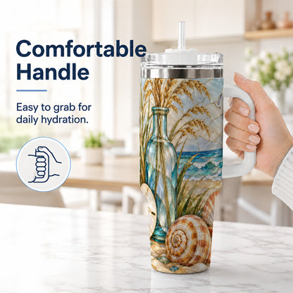 #pl[40oz|White] Coastal Shell 40oz Tumbler with Handle, Beach Stainless Steel Cup