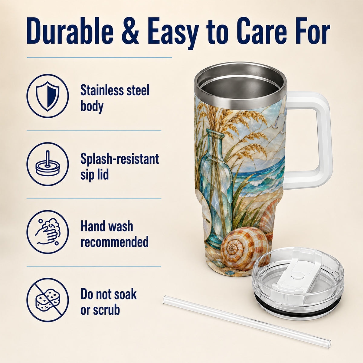 #pl[40oz|White] Coastal Shell 40oz Tumbler with Handle, Beach Stainless Steel Cup