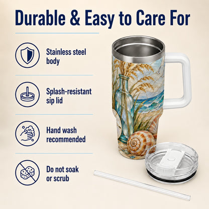 #pl[40oz|White] Coastal Shell 40oz Tumbler with Handle, Beach Stainless Steel Cup