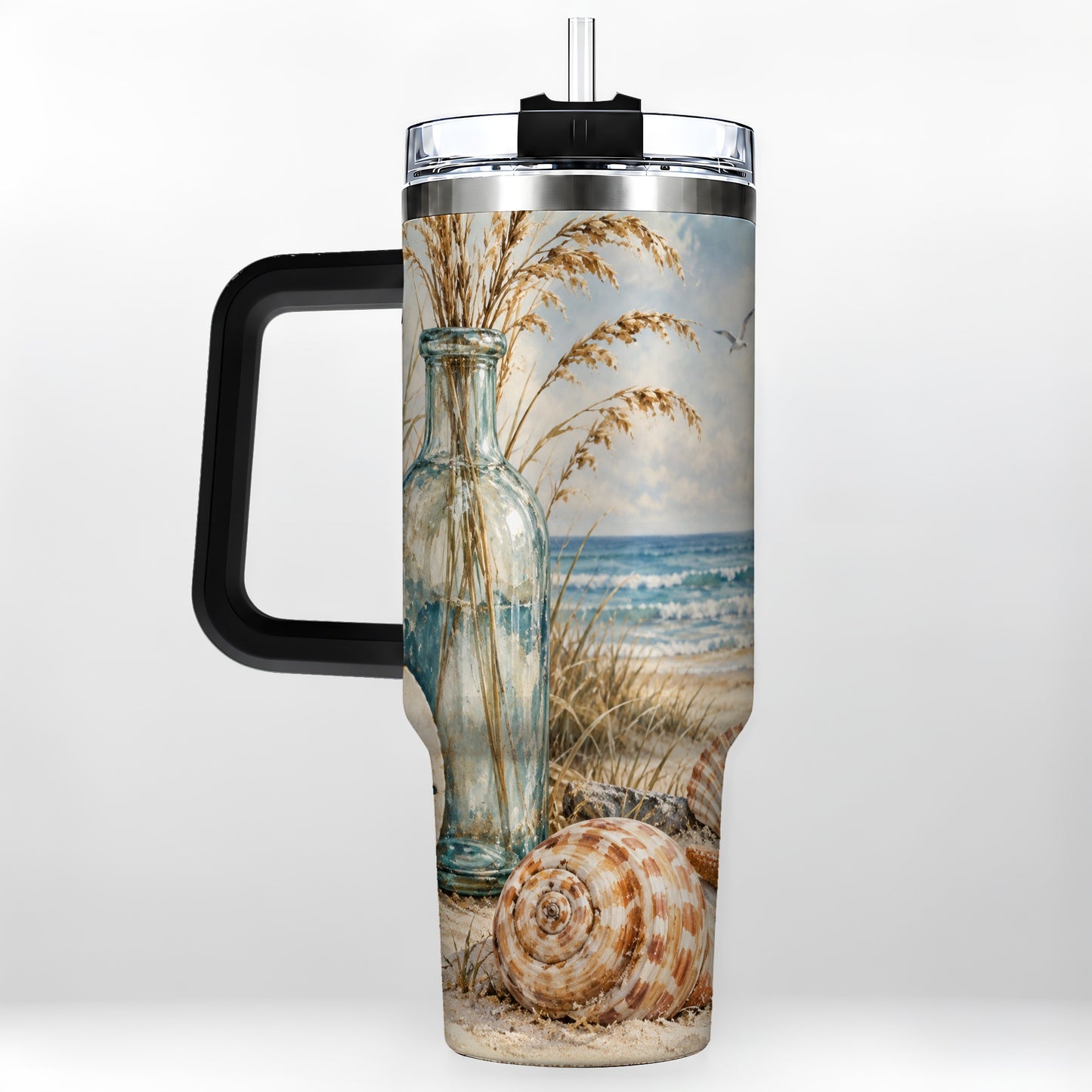 #pl[40oz|Black] Coastal Seashell 40oz Tumbler with Handle, Beach Stainless Steel Cup