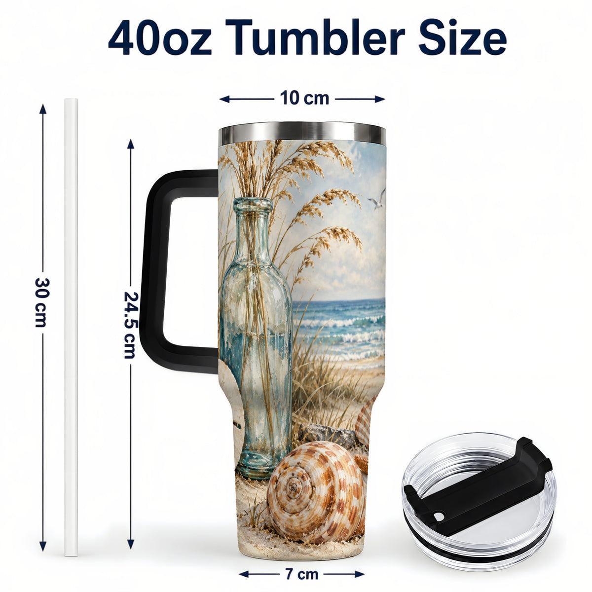 #pl[40oz|Black] Coastal Seashell 40oz Tumbler with Handle, Beach Stainless Steel Cup