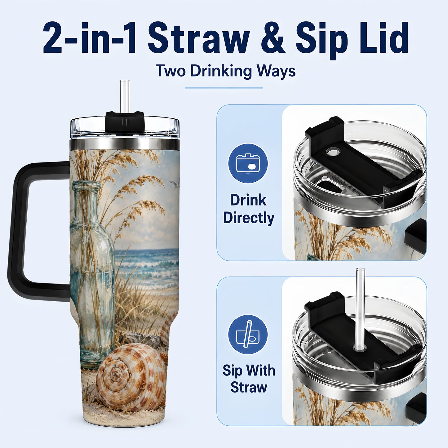 #pl[40oz|Black] Coastal Seashell 40oz Tumbler with Handle, Beach Stainless Steel Cup