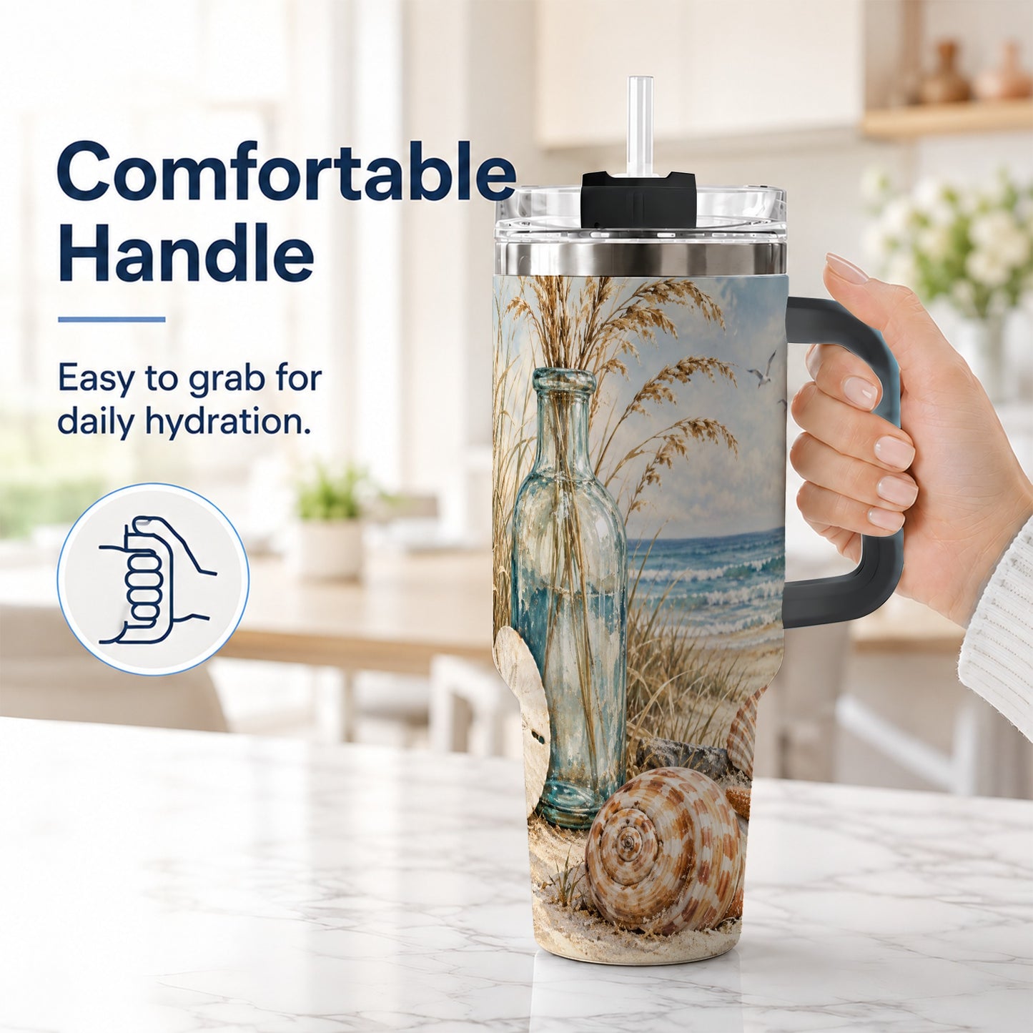 #pl[40oz|Black] Coastal Seashell 40oz Tumbler with Handle, Beach Stainless Steel Cup