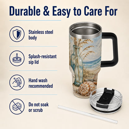 #pl[40oz|Black] Coastal Seashell 40oz Tumbler with Handle, Beach Stainless Steel Cup