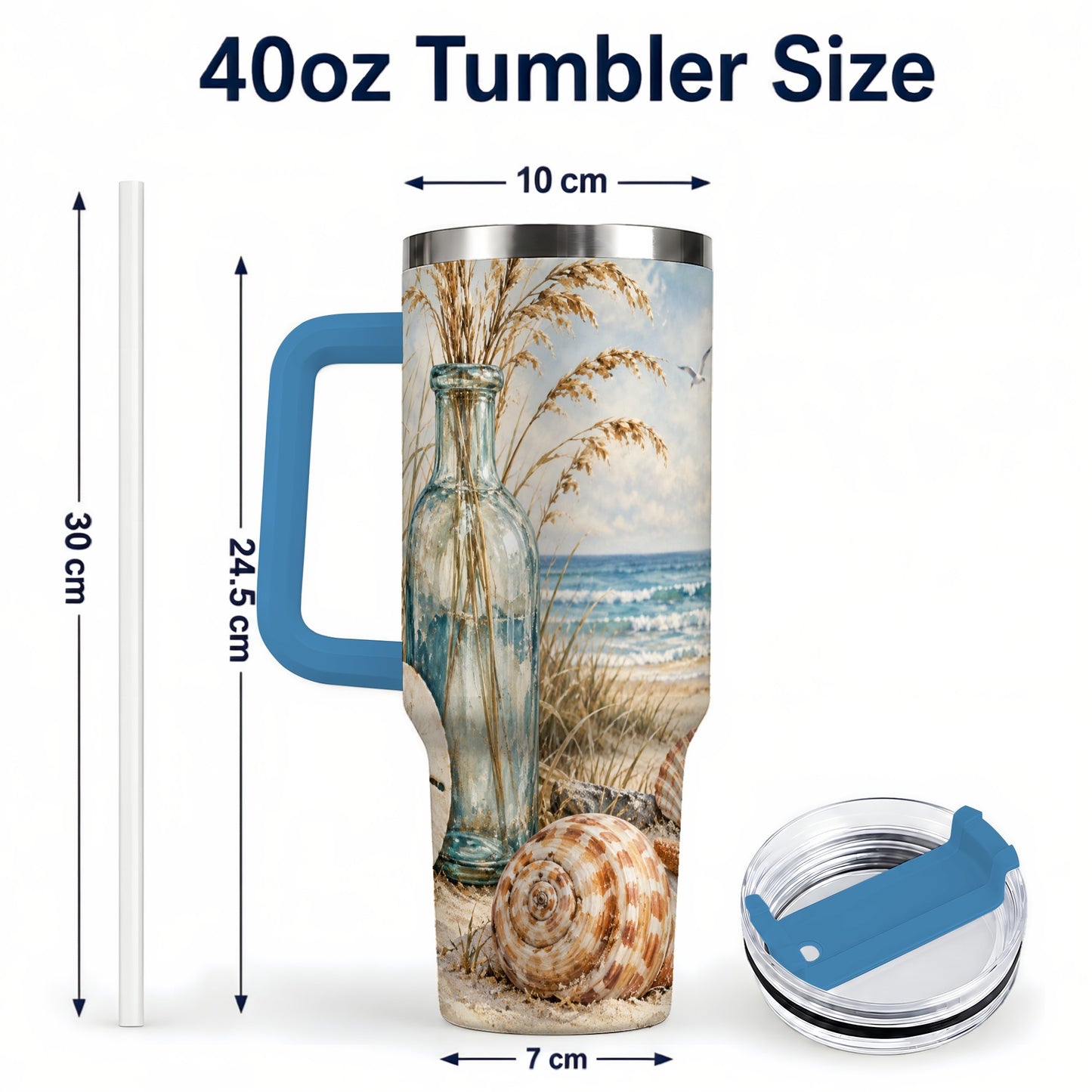 #pl[40oz|Blue] Coastal Seashell 40oz Tumbler with Handle, Beach Stainless Steel Cup