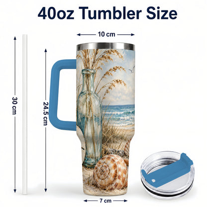 #pl[40oz|Blue] Coastal Seashell 40oz Tumbler with Handle, Beach Stainless Steel Cup