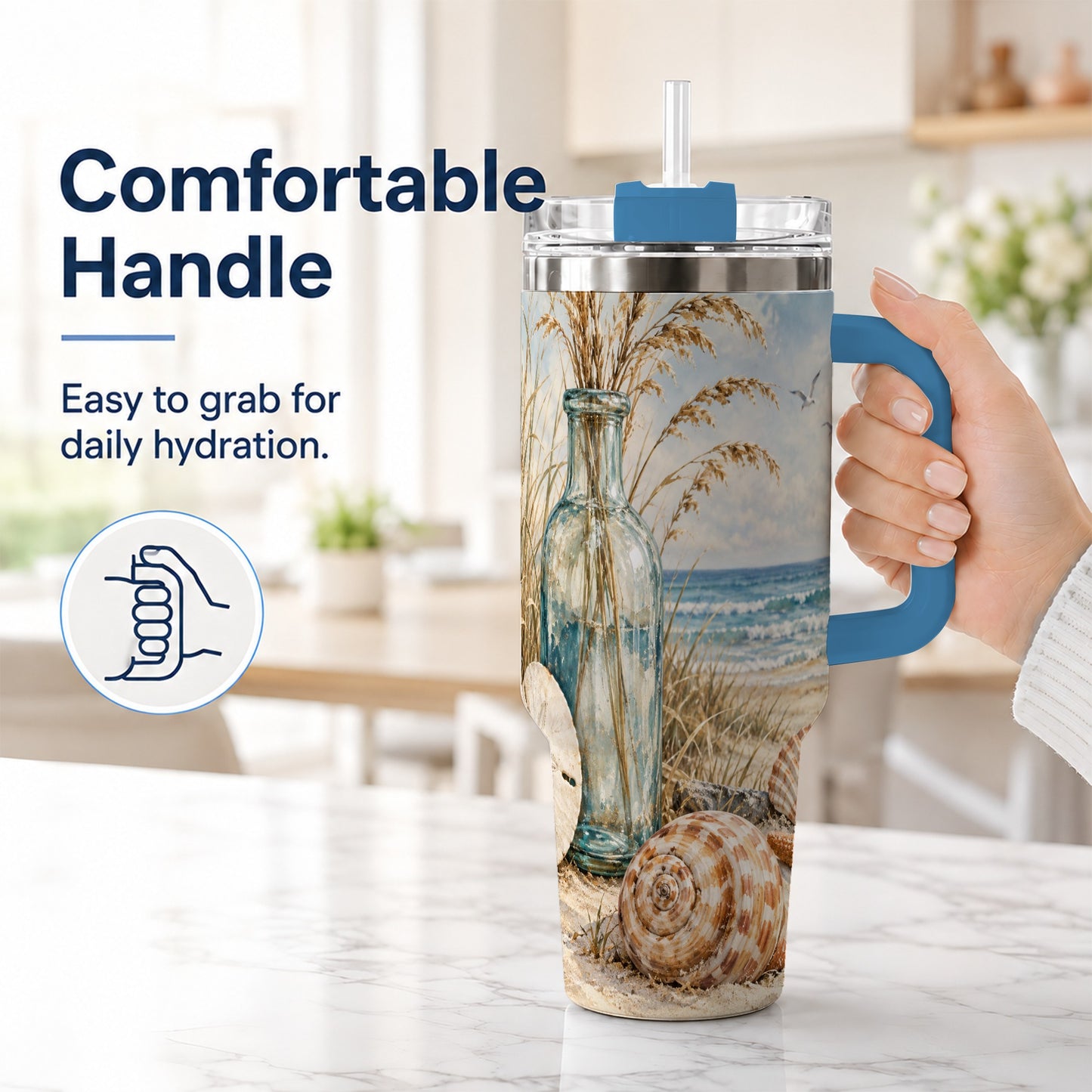#pl[40oz|Blue] Coastal Seashell 40oz Tumbler with Handle, Beach Stainless Steel Cup