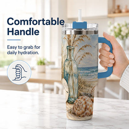 #pl[40oz|Blue] Coastal Seashell 40oz Tumbler with Handle, Beach Stainless Steel Cup