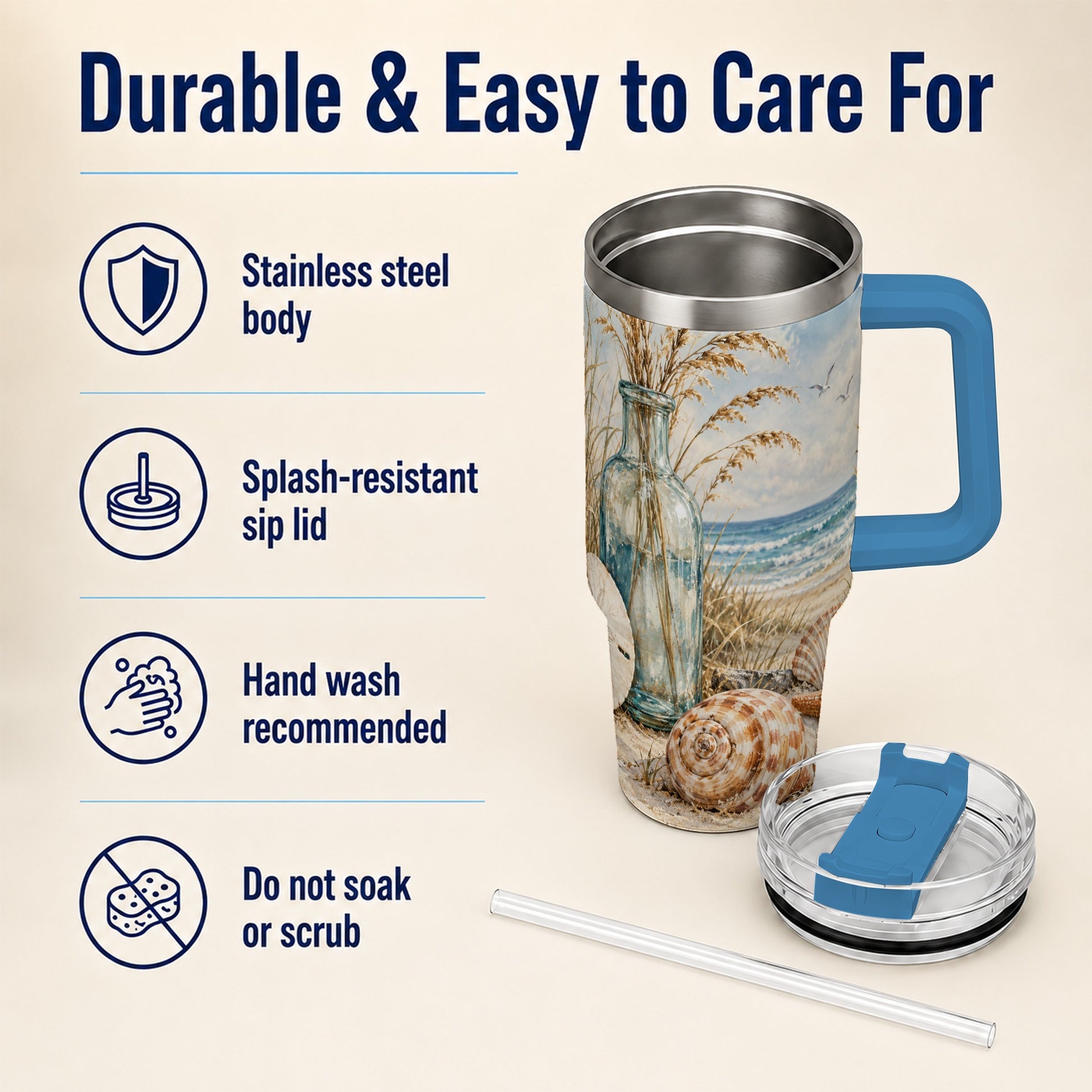 #pl[40oz|Blue] Coastal Seashell 40oz Tumbler with Handle, Beach Stainless Steel Cup