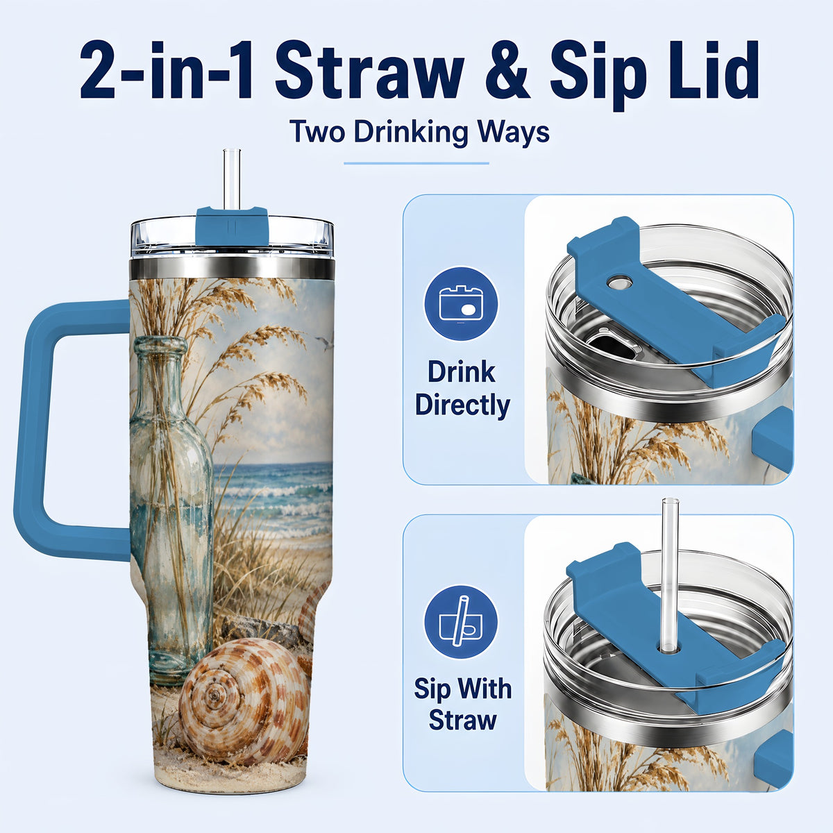 #pl[40oz|Blue] Coastal Seashell 40oz Tumbler with Handle, Beach Stainless Steel Cup