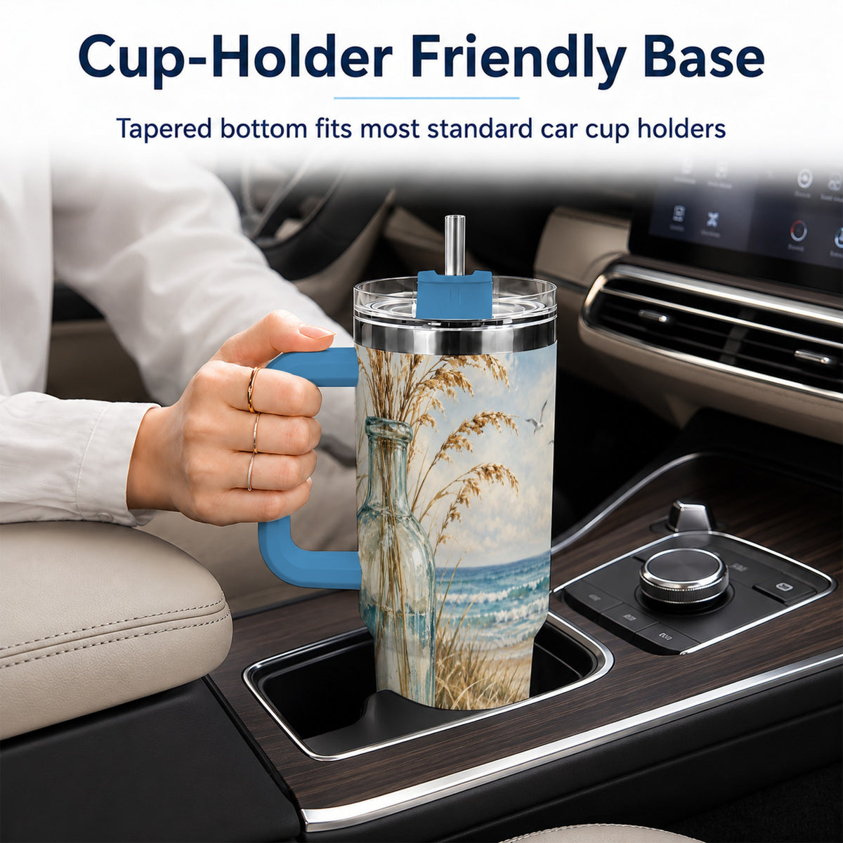 #pl[40oz|Blue] Coastal Seashell 40oz Tumbler with Handle, Beach Stainless Steel Cup