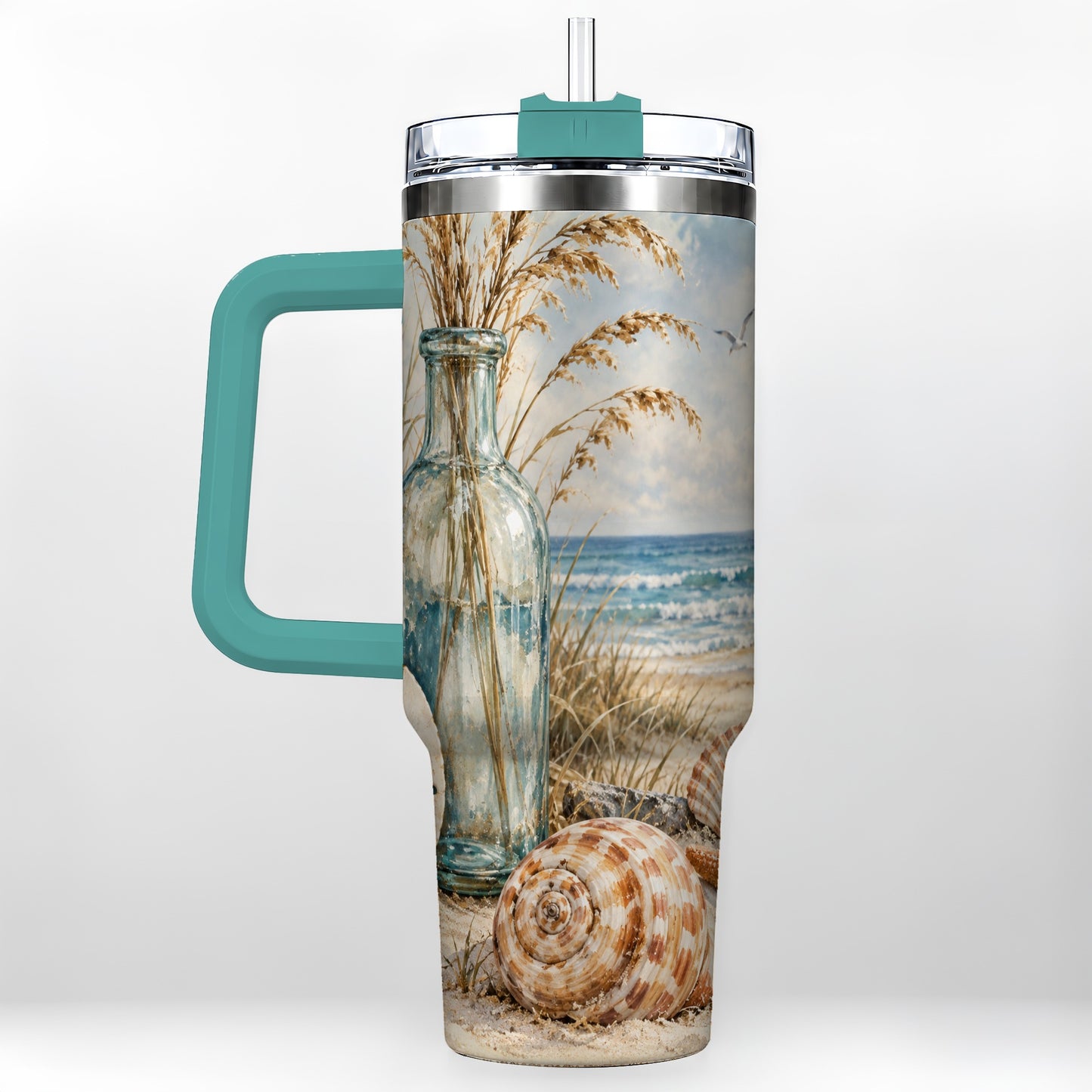 #pl[40oz|Green] Coastal Seashell 40oz Tumbler with Handle, Beach Stainless Steel Cup