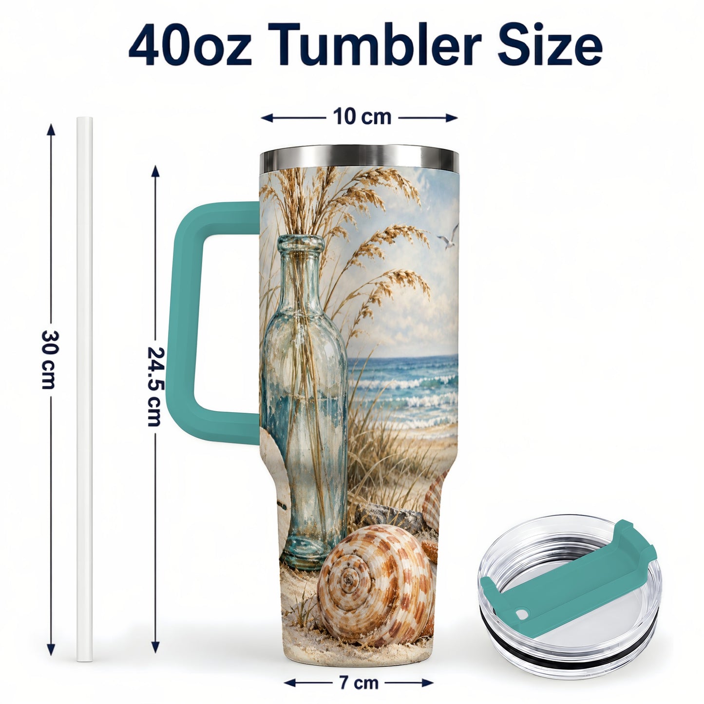 #pl[40oz|Green] Coastal Seashell 40oz Tumbler with Handle, Beach Stainless Steel Cup