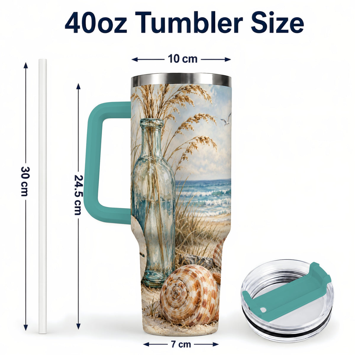 #pl[40oz|Green] Coastal Seashell 40oz Tumbler with Handle, Beach Stainless Steel Cup