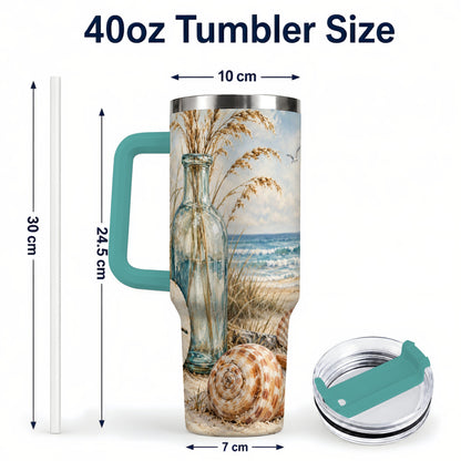 #pl[40oz|Green] Coastal Seashell 40oz Tumbler with Handle, Beach Stainless Steel Cup