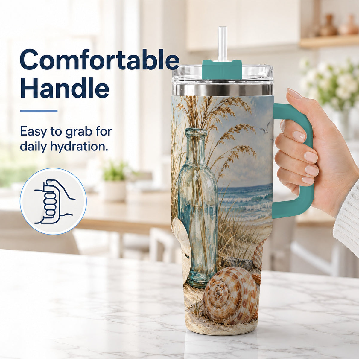 #pl[40oz|Green] Coastal Seashell 40oz Tumbler with Handle, Beach Stainless Steel Cup