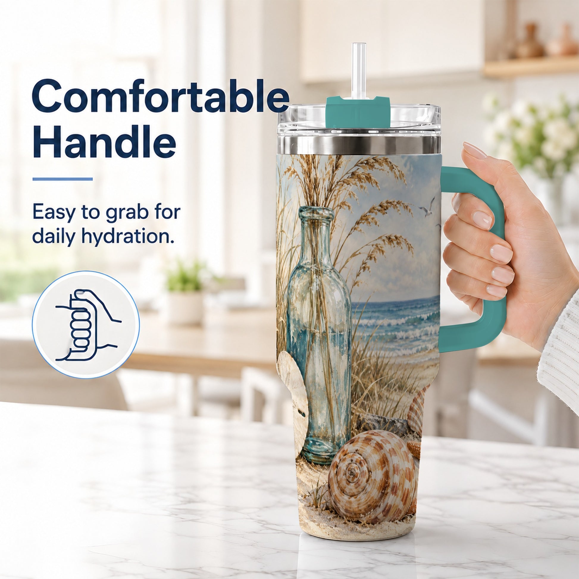 #pl[40oz|Green] Coastal Seashell 40oz Tumbler with Handle, Beach Stainless Steel Cup