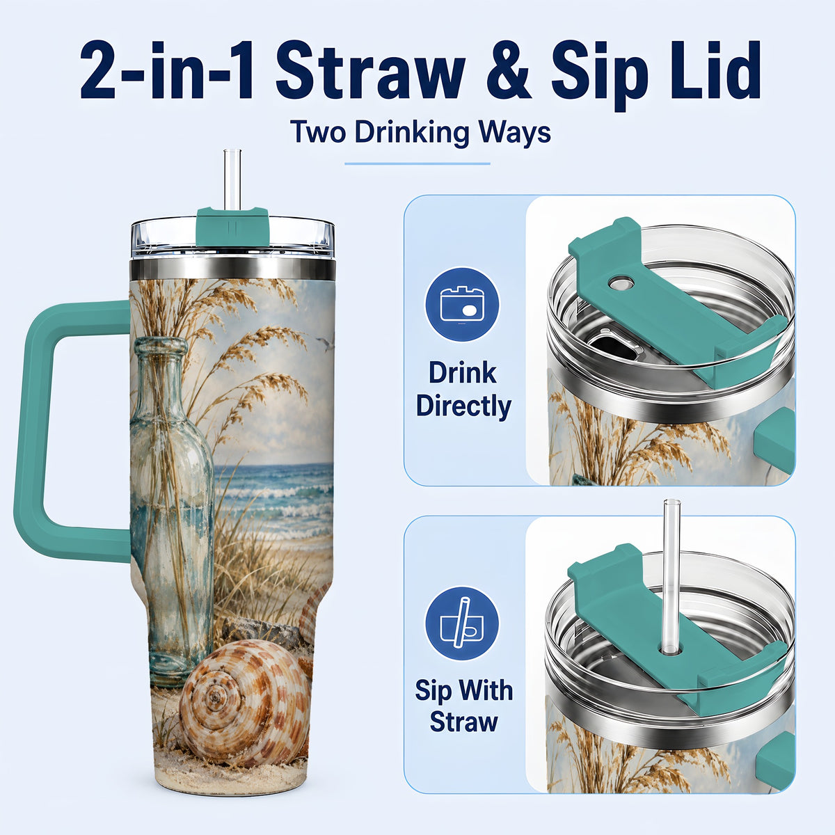 #pl[40oz|Green] Coastal Seashell 40oz Tumbler with Handle, Beach Stainless Steel Cup
