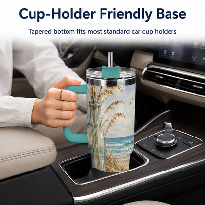 #pl[40oz|Green] Coastal Seashell 40oz Tumbler with Handle, Beach Stainless Steel Cup