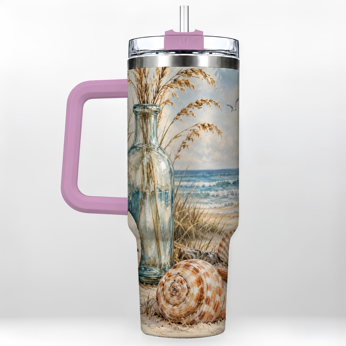 #pl[40oz|Pink] Coastal Seashell 40oz Tumbler with Handle, Beach Stainless Steel Cup