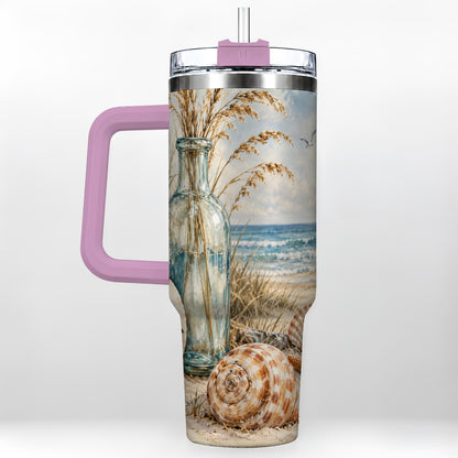 #pl[40oz|Pink] Coastal Seashell 40oz Tumbler with Handle, Beach Stainless Steel Cup