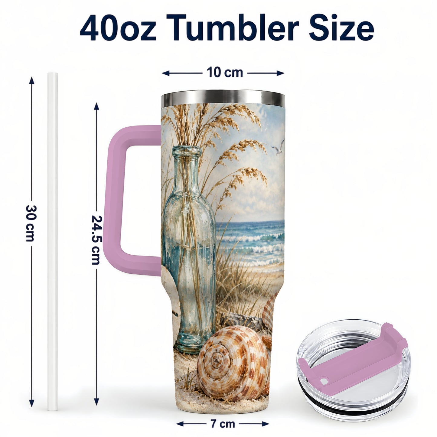 #pl[40oz|Pink] Coastal Seashell 40oz Tumbler with Handle, Beach Stainless Steel Cup