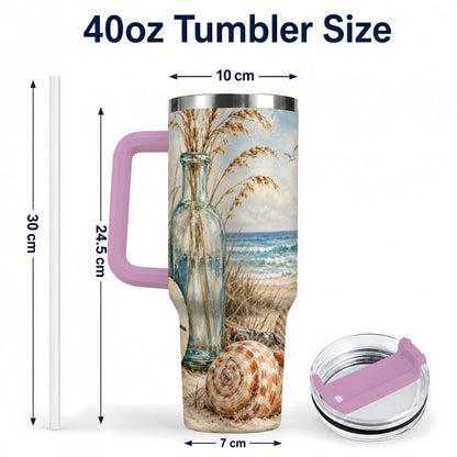 #pl[40oz|Pink] Coastal Seashell 40oz Tumbler with Handle, Beach Stainless Steel Cup