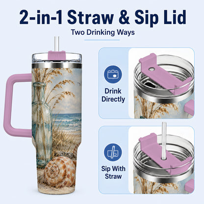 #pl[40oz|Pink] Coastal Seashell 40oz Tumbler with Handle, Beach Stainless Steel Cup