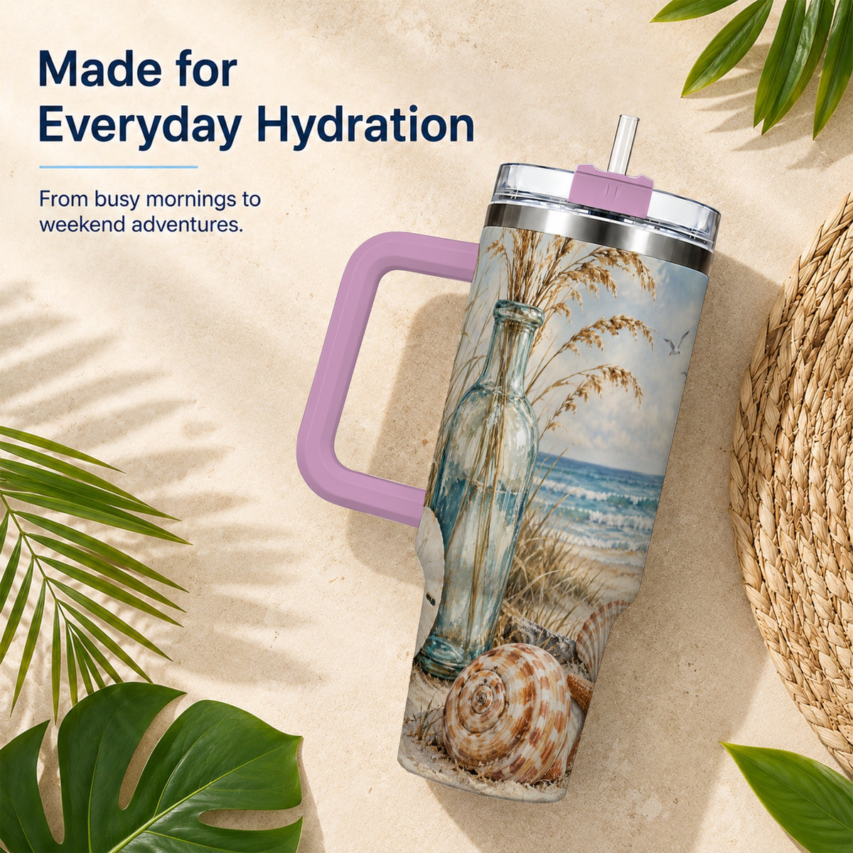 #pl[40oz|Pink] Coastal Seashell 40oz Tumbler with Handle, Beach Stainless Steel Cup