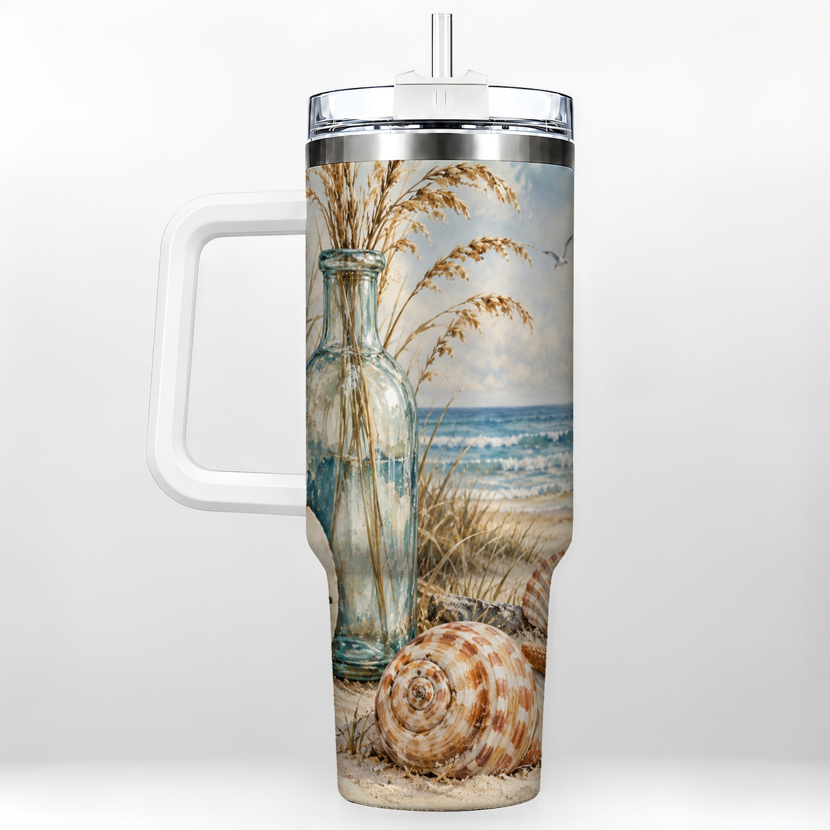 Coastal Seashell 40oz Tumbler with Handle, Beach Stainless Steel Cup