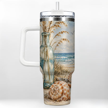 Coastal Seashell 40oz Tumbler with Handle, Beach Stainless Steel Cup