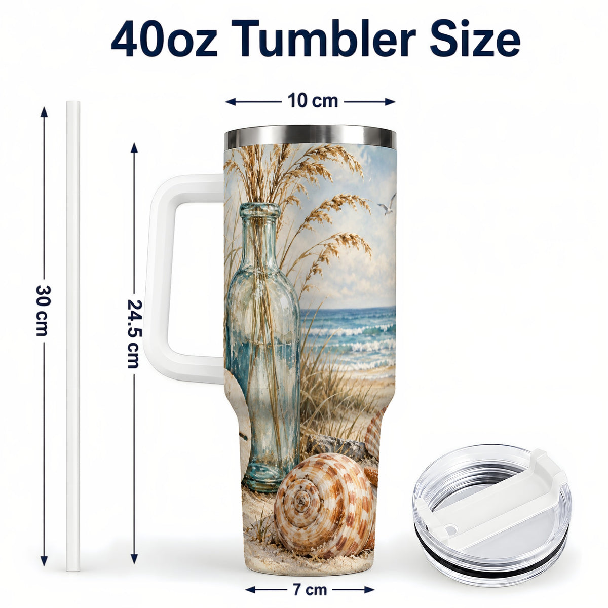 #pl[40oz|White] Coastal Seashell 40oz Tumbler with Handle, Beach Stainless Steel Cup