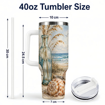 #pl[40oz|White] Coastal Seashell 40oz Tumbler with Handle, Beach Stainless Steel Cup