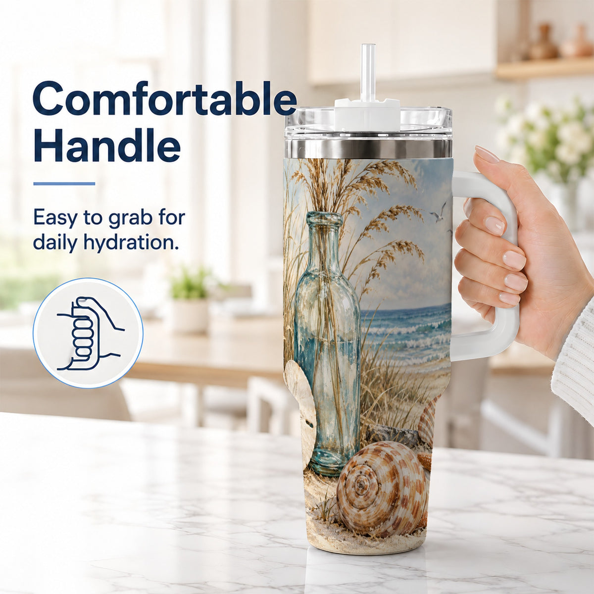 #pl[40oz|White] Coastal Seashell 40oz Tumbler with Handle, Beach Stainless Steel Cup