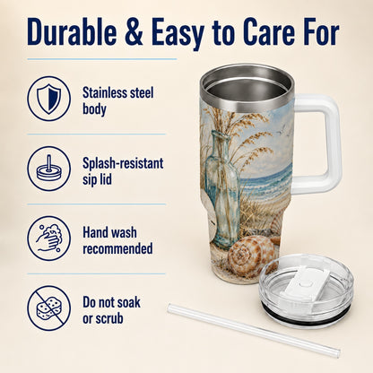 #pl[40oz|White] Coastal Seashell 40oz Tumbler with Handle, Beach Stainless Steel Cup