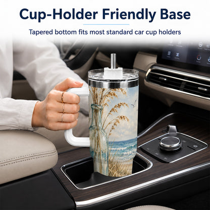 #pl[40oz|White] Coastal Seashell 40oz Tumbler with Handle, Beach Stainless Steel Cup