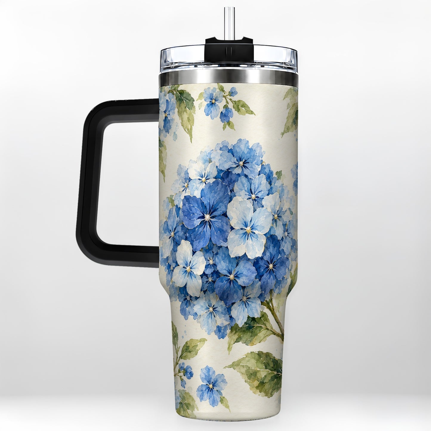 #pl[40oz|Black] Blue Hydrangea 40oz Tumbler with Handle, Watercolor Floral Cup