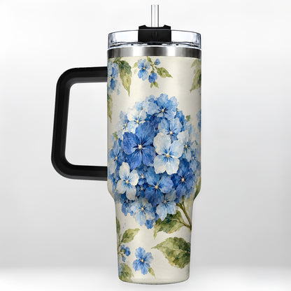 #pl[40oz|Black] Blue Hydrangea 40oz Tumbler with Handle, Watercolor Floral Cup