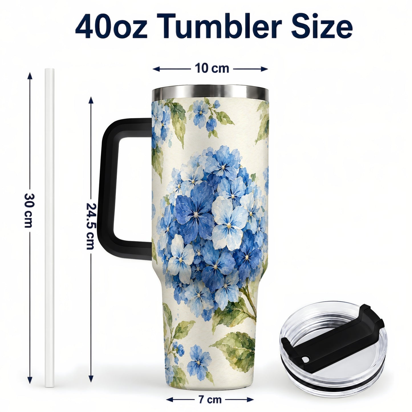 #pl[40oz|Black] Blue Hydrangea 40oz Tumbler with Handle, Watercolor Floral Cup