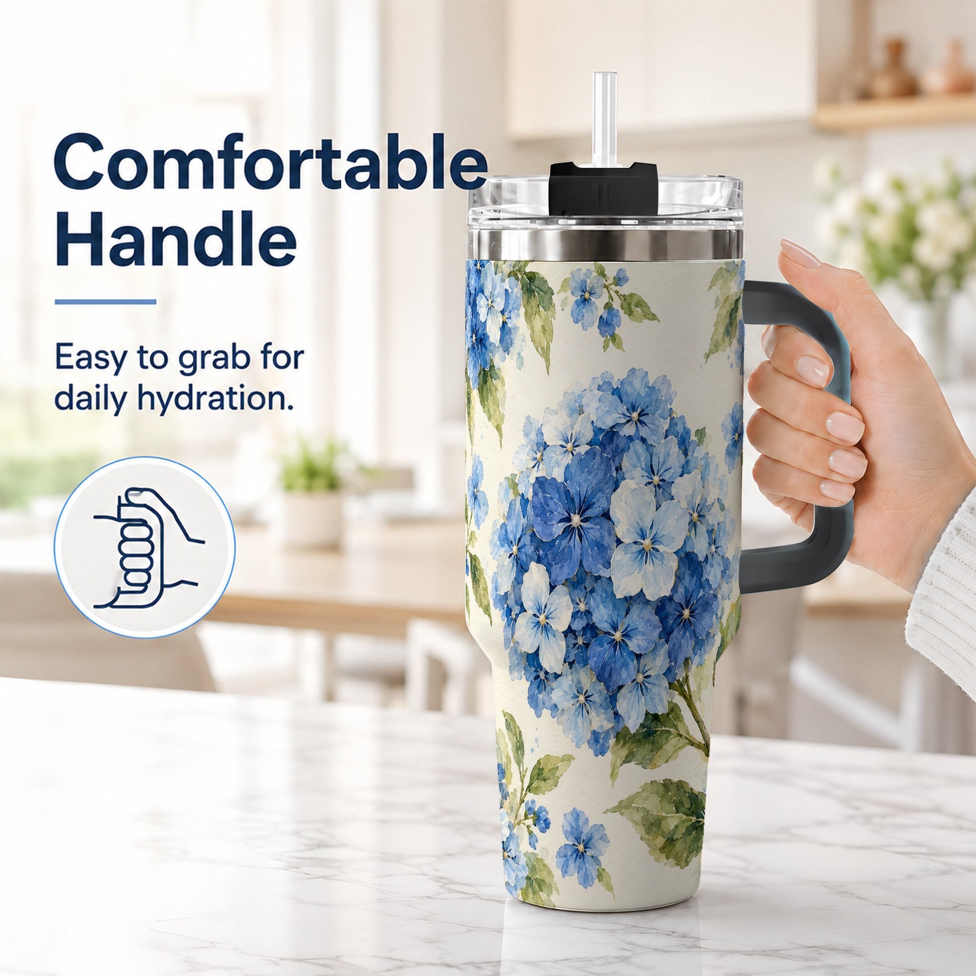 #pl[40oz|Black] Blue Hydrangea 40oz Tumbler with Handle, Watercolor Floral Cup