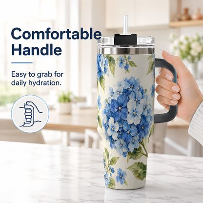 #pl[40oz|Black] Blue Hydrangea 40oz Tumbler with Handle, Watercolor Floral Cup