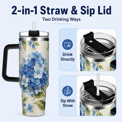 #pl[40oz|Black] Blue Hydrangea 40oz Tumbler with Handle, Watercolor Floral Cup
