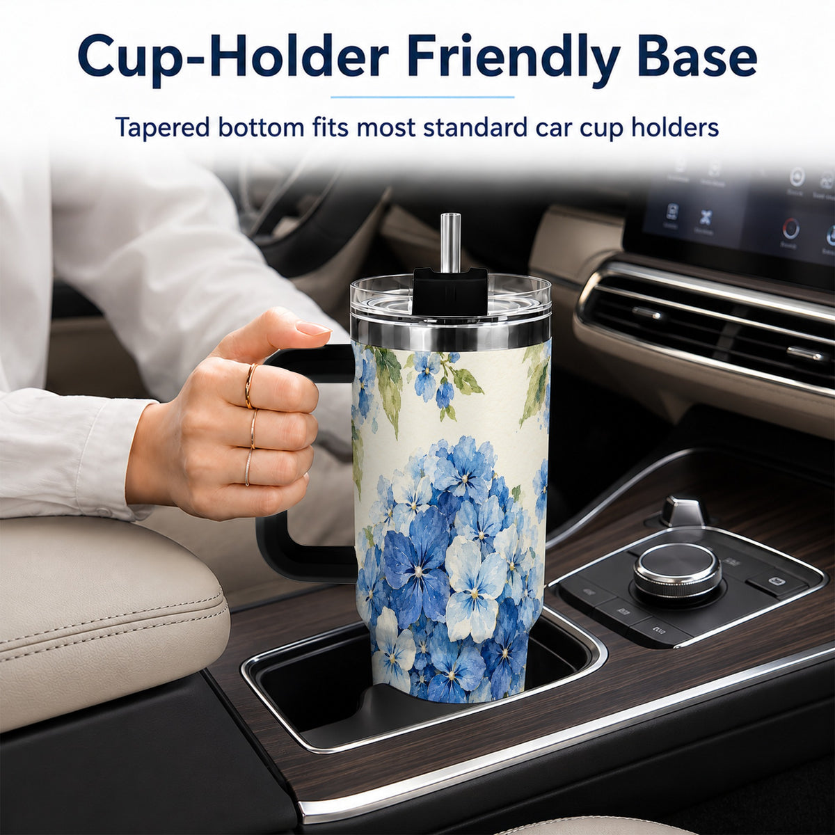 #pl[40oz|Black] Blue Hydrangea 40oz Tumbler with Handle, Watercolor Floral Cup